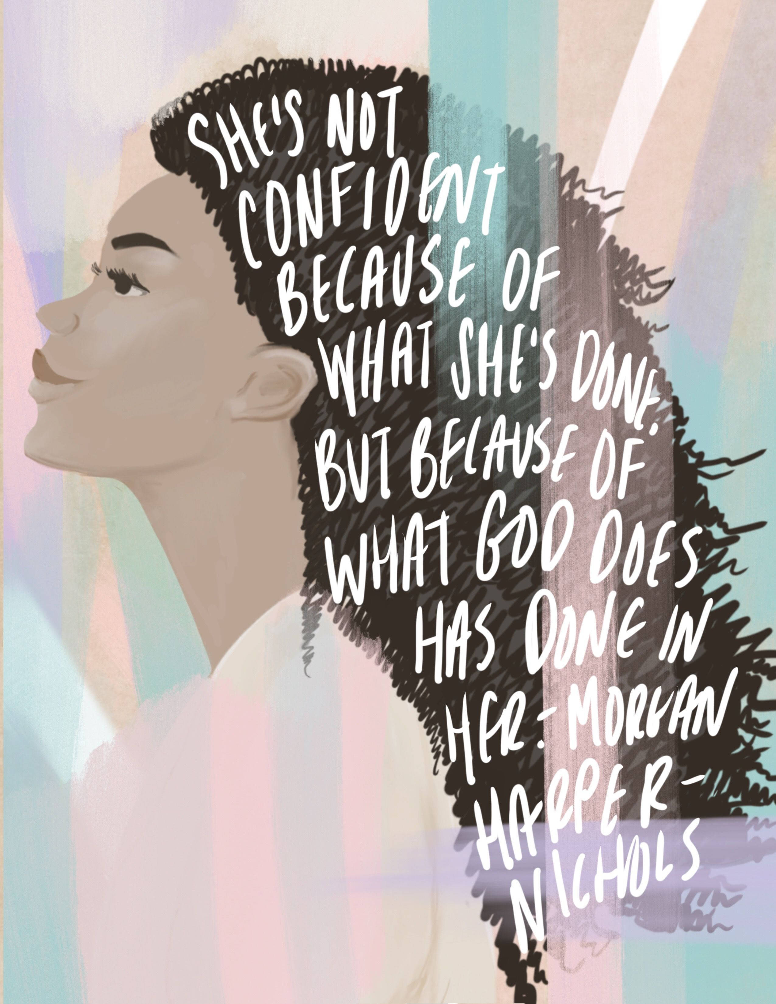 God Quotes 桌布 壁紙 — 一個風格化的女性側面插圖，文字穿過她的頭髮，背景是柔和的粉彩條紋。