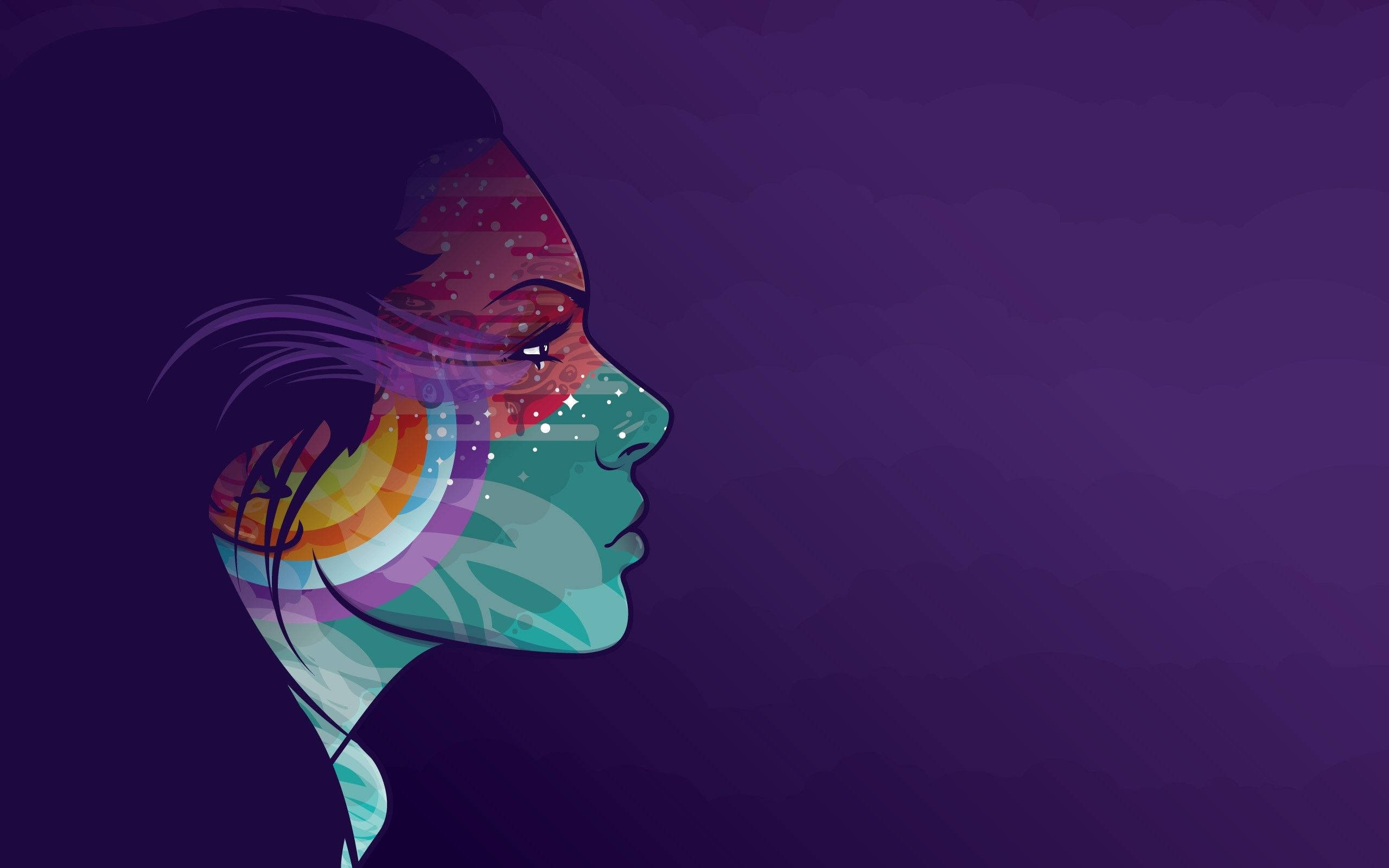 Digital 桌布 壁紙 — 一個風格化的女性側面輪廓，宇宙漩渦和鮮豔色彩在她的剪影中流動，背景為深紫色。