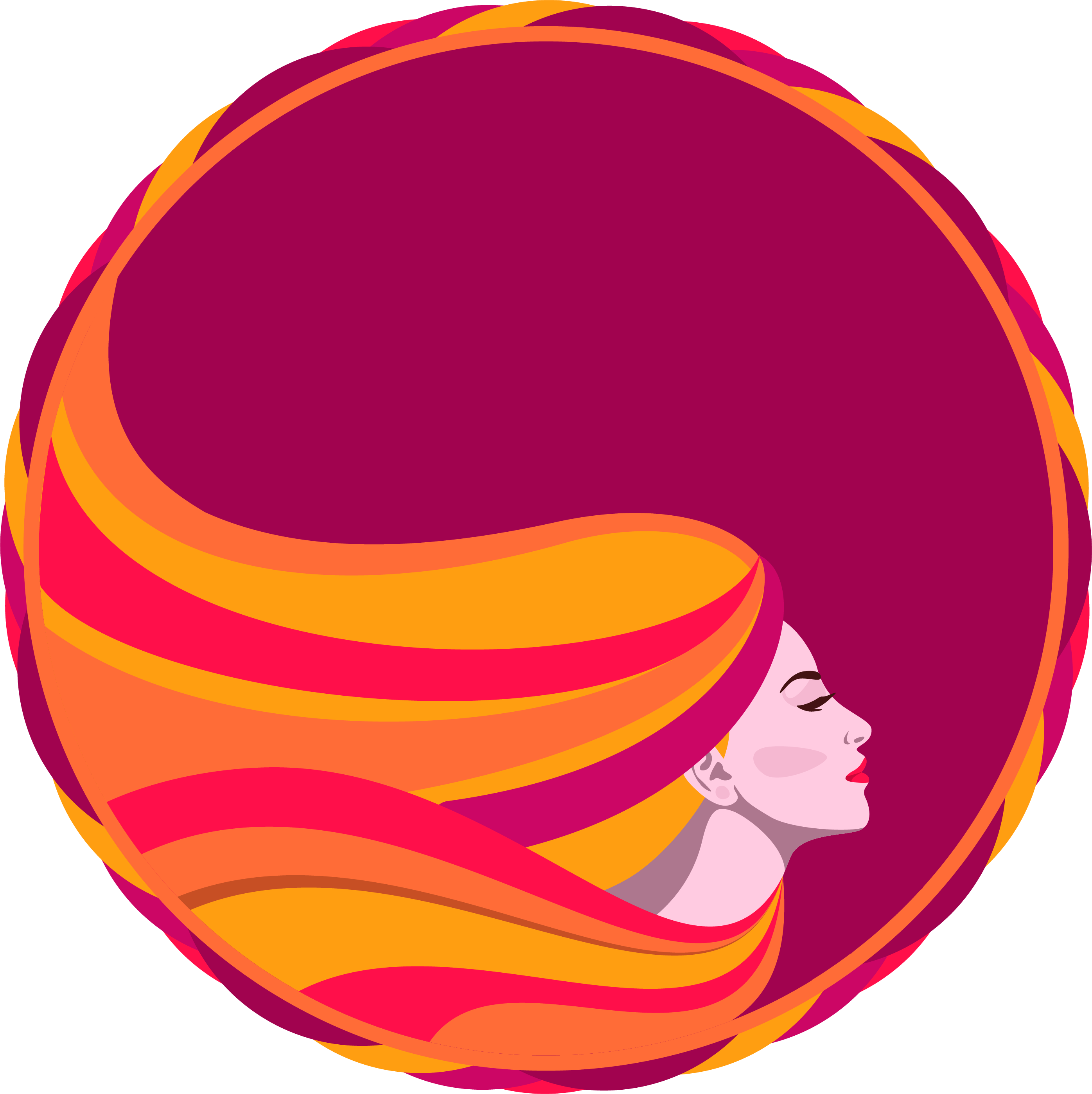 International Womens Day 桌布 壁紙 — 一個風格化的女性側面輪廓，帶有流動的橙色和洋紅色頭髮，在圓形框架內旋轉。
