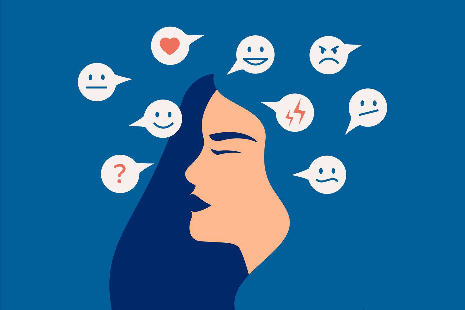 Emotions 桌布 壁紙 — 一個風格化的女性側面輪廓，被帶有各種情緒表情的浮動對話氣泡包圍，背景為純藍色。