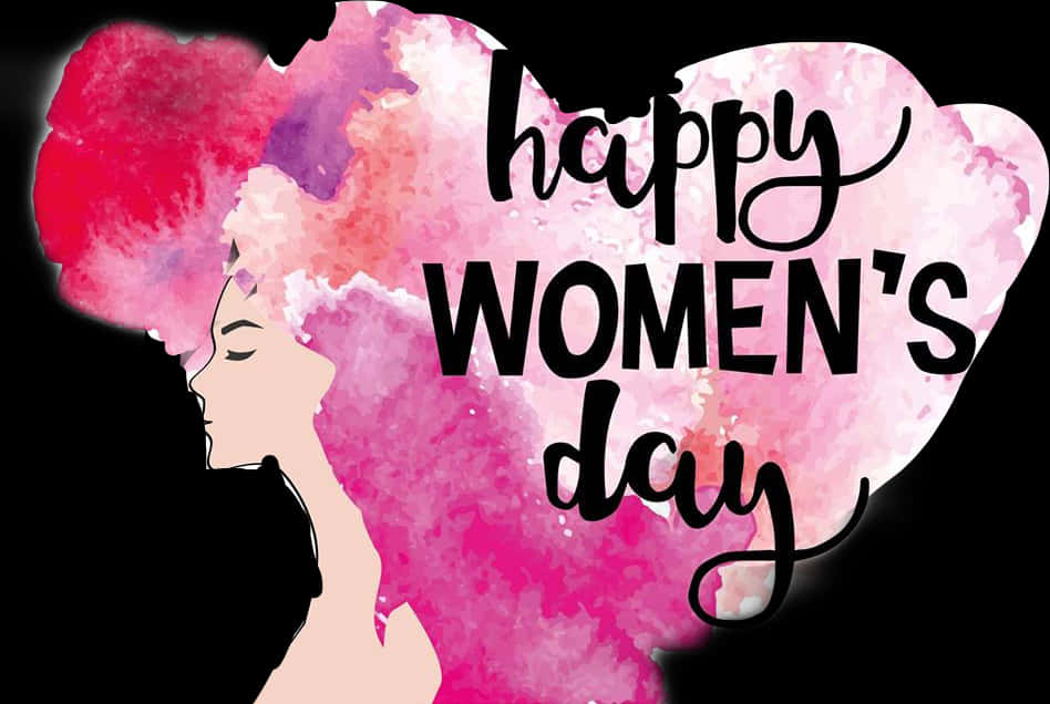 International Womens Day 桌布 壁紙 — 一個風格化的女性剪影，帶有充滿活力的粉紅色水彩頭髮，在慶祝婦女節的粗體文字後方形成一個心形。