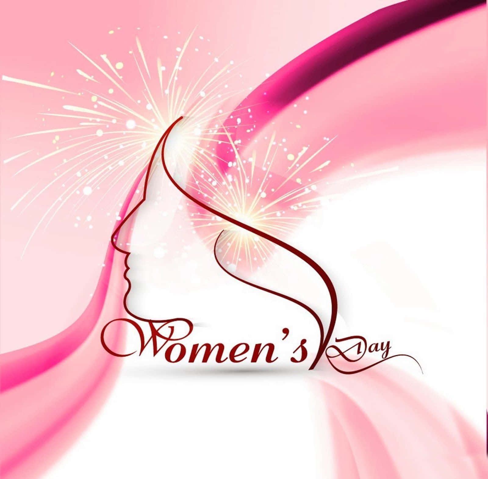 Happy Womens Day 桌布 壁紙 — 一個風格化的女性剪影，飄逸的頭髮和煙火從她的頭部綻放，背景是柔和的粉紅色漸變。