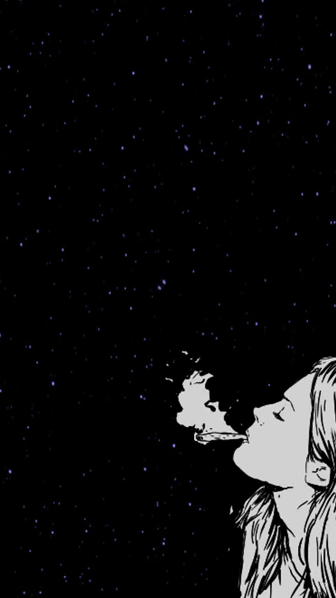 黑白 桌布 壁紙 — 一個風格化的女性在星空夜空下呼出煙霧，以極簡黑白插圖呈現。