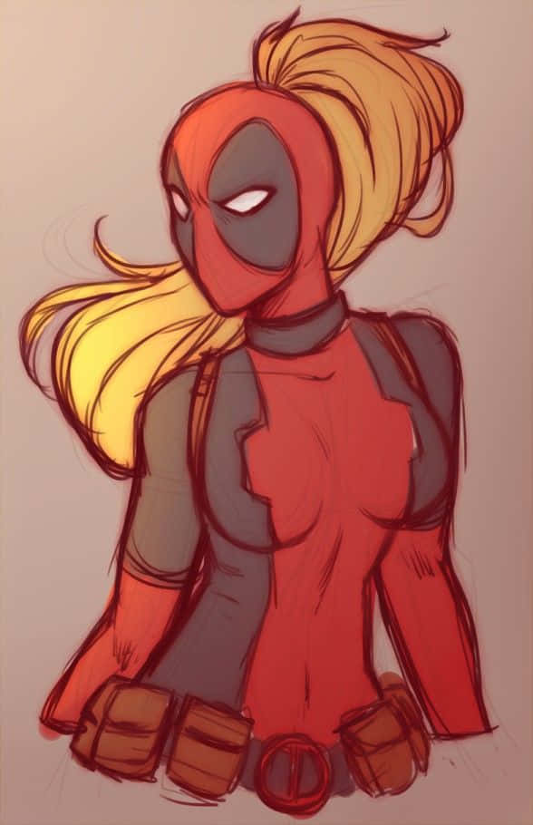 Lady Deadpool 桌布 壁紙 — 一個風格化的女性死侍，金色頭髮紮成馬尾，穿著紅灰色套裝並繫著腰帶，背景為純色。