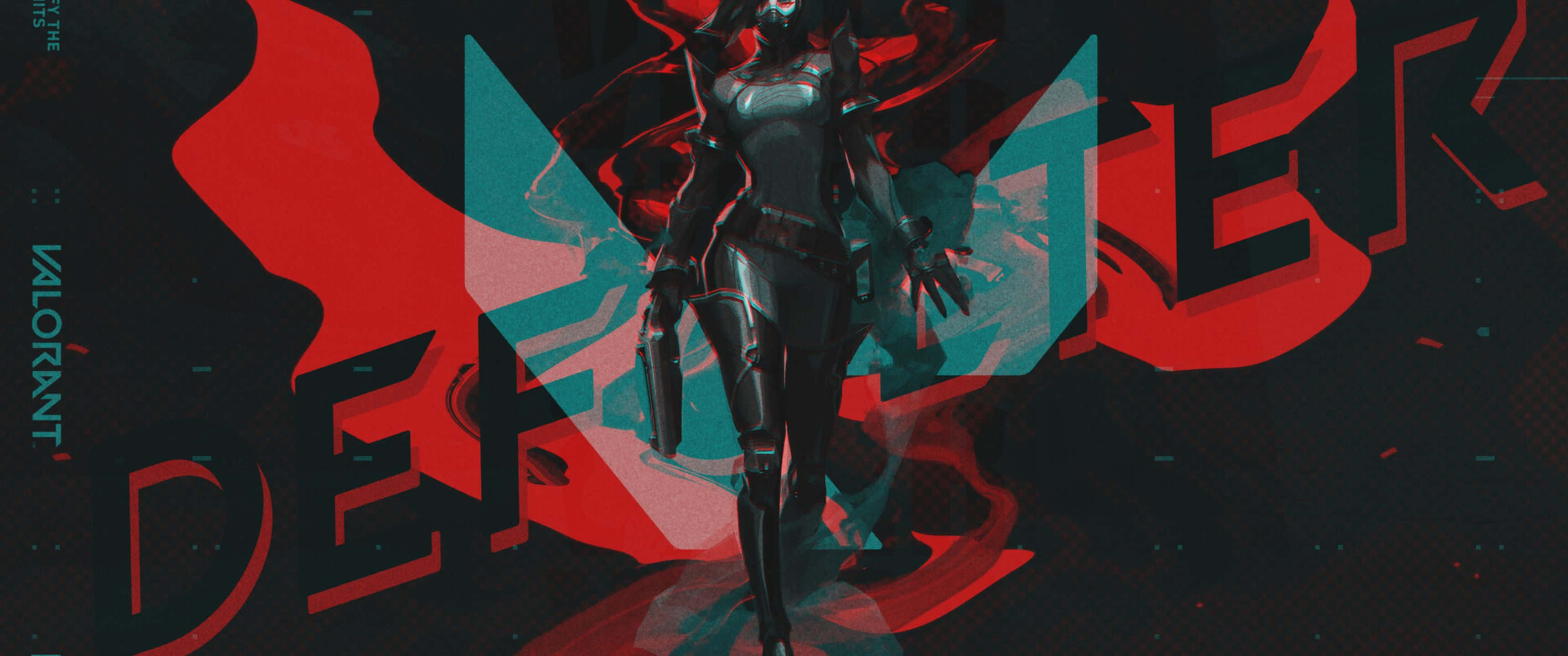 電玩遊戲 桌布 壁紙 — 一個風格化的女性特務穿著黑色戰術裝備，自信地站在一個大膽的紅色和藍綠色圖形背景前，背景上有大寫字母 'DEFENDER'。