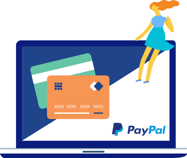 PayPal 桌布 壁紙 — 一個風格化的女性站在顯示信用卡和PayPal標誌的筆記型電腦螢幕上，以平面向量藝術呈現。