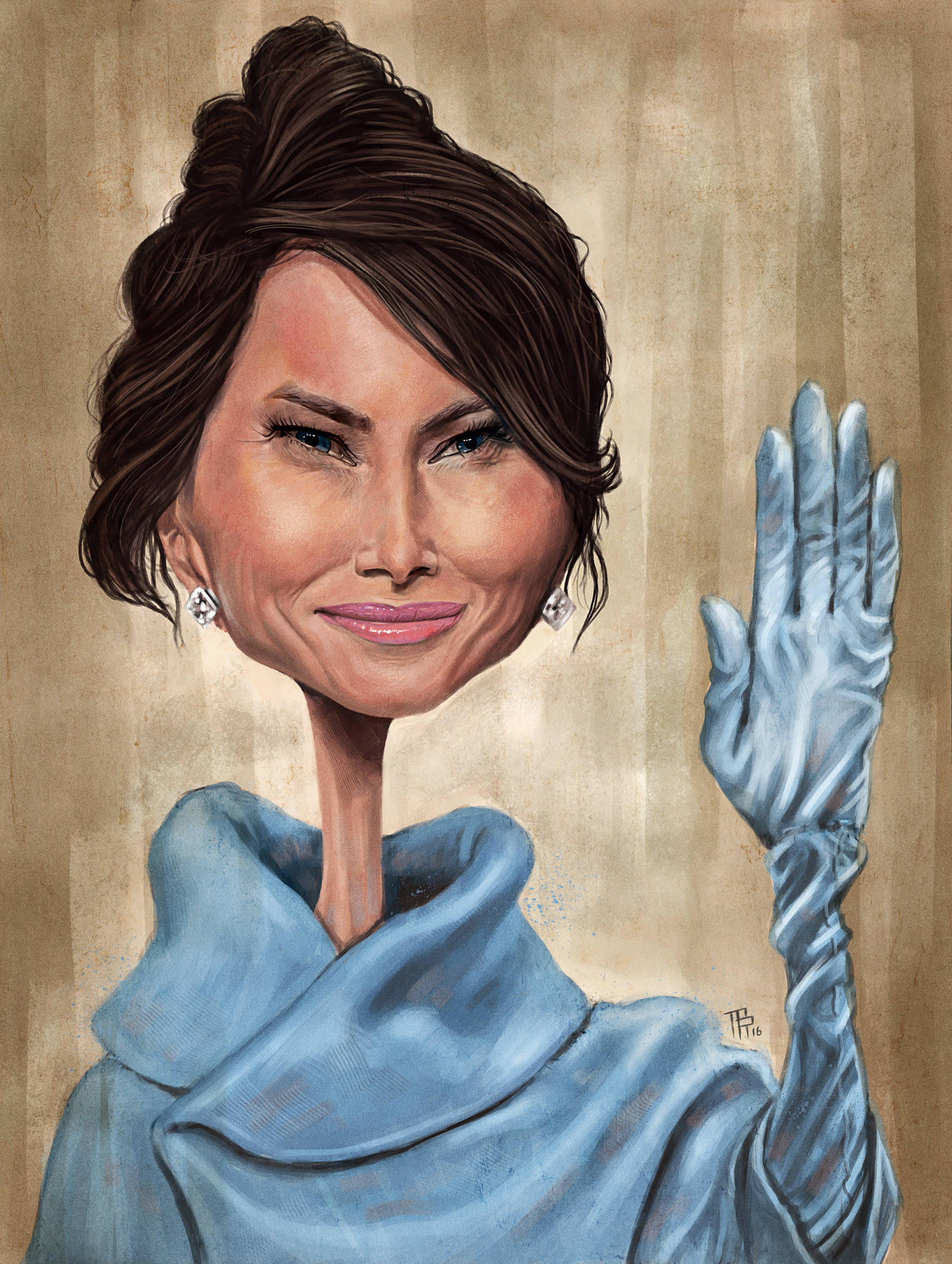 Melania 桌布 壁紙 — 一個風格化的女性肖像，棕色頭髮盤起，穿著藍色禮服和手套，在帶有紋理的米色背景前愉快地揮手。