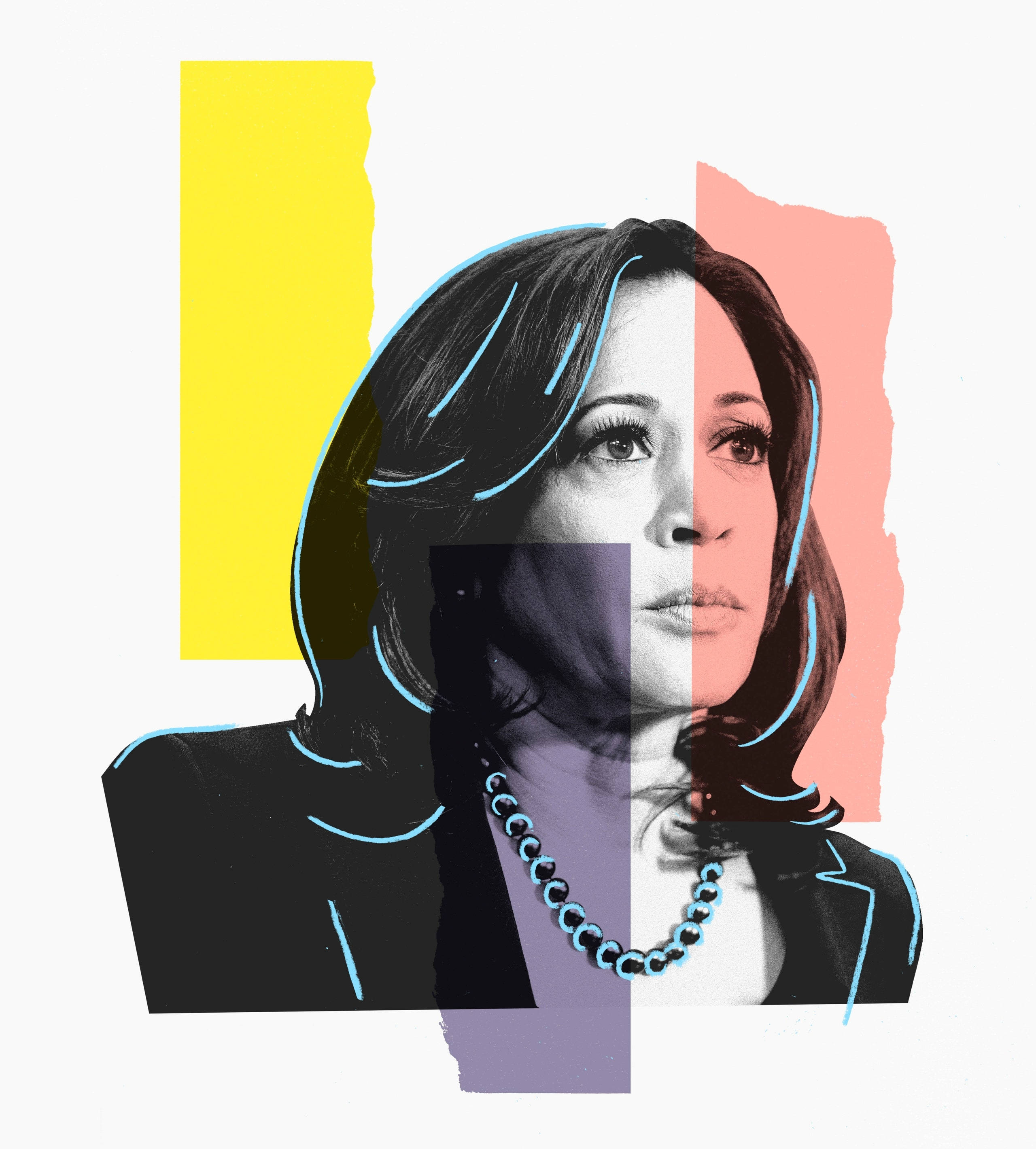 Kamala Harris 桌布 壁紙 — 一個風格化的女性肖像，被大膽的幾何形狀和鮮豔色彩分割，帶有藍色輪廓。