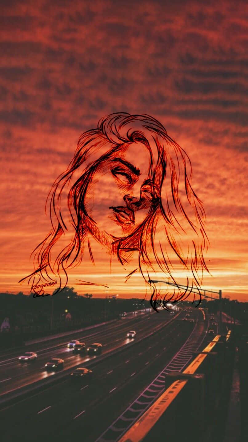 Orange Aesthetic Phone 桌布 壁紙 — 一個風格化的女性臉部素描漂浮在日落時分的高速公路上方，下方有火紅的橙色雲朵和汽車燈光。