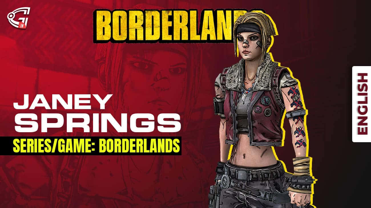 Borderlands Characters 桌布 壁紙 — 一個風格化的女性角色，帶有刺青和戰鬥裝備，站在紅色背景前，帶有'Borderlands'和'Janey Springs'文字。