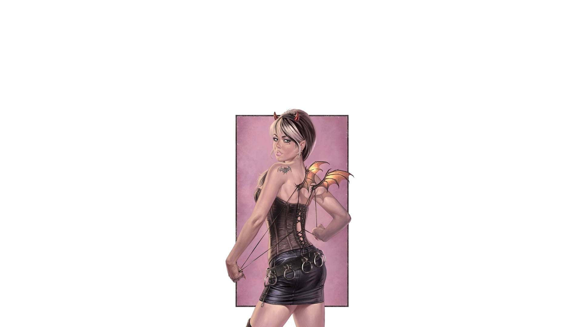 Succubus 桌布 壁紙 — 一個風格化的女性角色，帶有小翅膀和刺青，穿著緊身胸衣和皮革裙，在粉紅色背景前自信地擺姿勢。