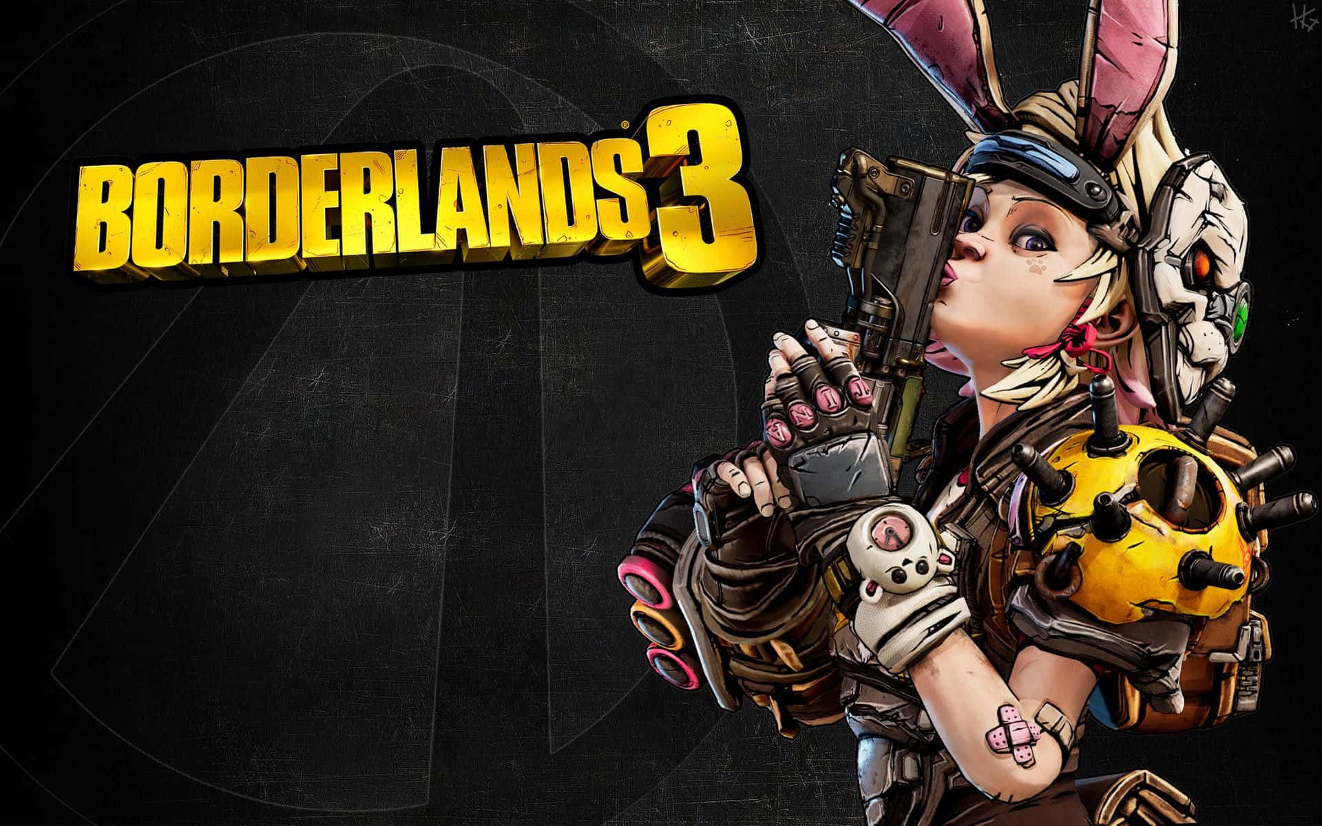 Borderlands 桌布 壁紙 — 一個風格化的女性角色，戴著兔耳和骷髏頭盔，在深色紋理背景中手持武器，並帶有『Borderlands 3』標誌。