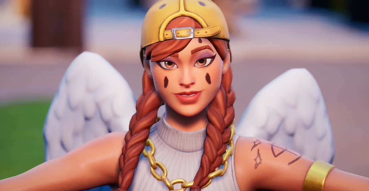 Fortnite 桌布 壁紙 — 一個風格化的女性角色，擁有天使翅膀和辮子頭髮，戴著黃色帽子和金鏈，背景是模糊的戶外。