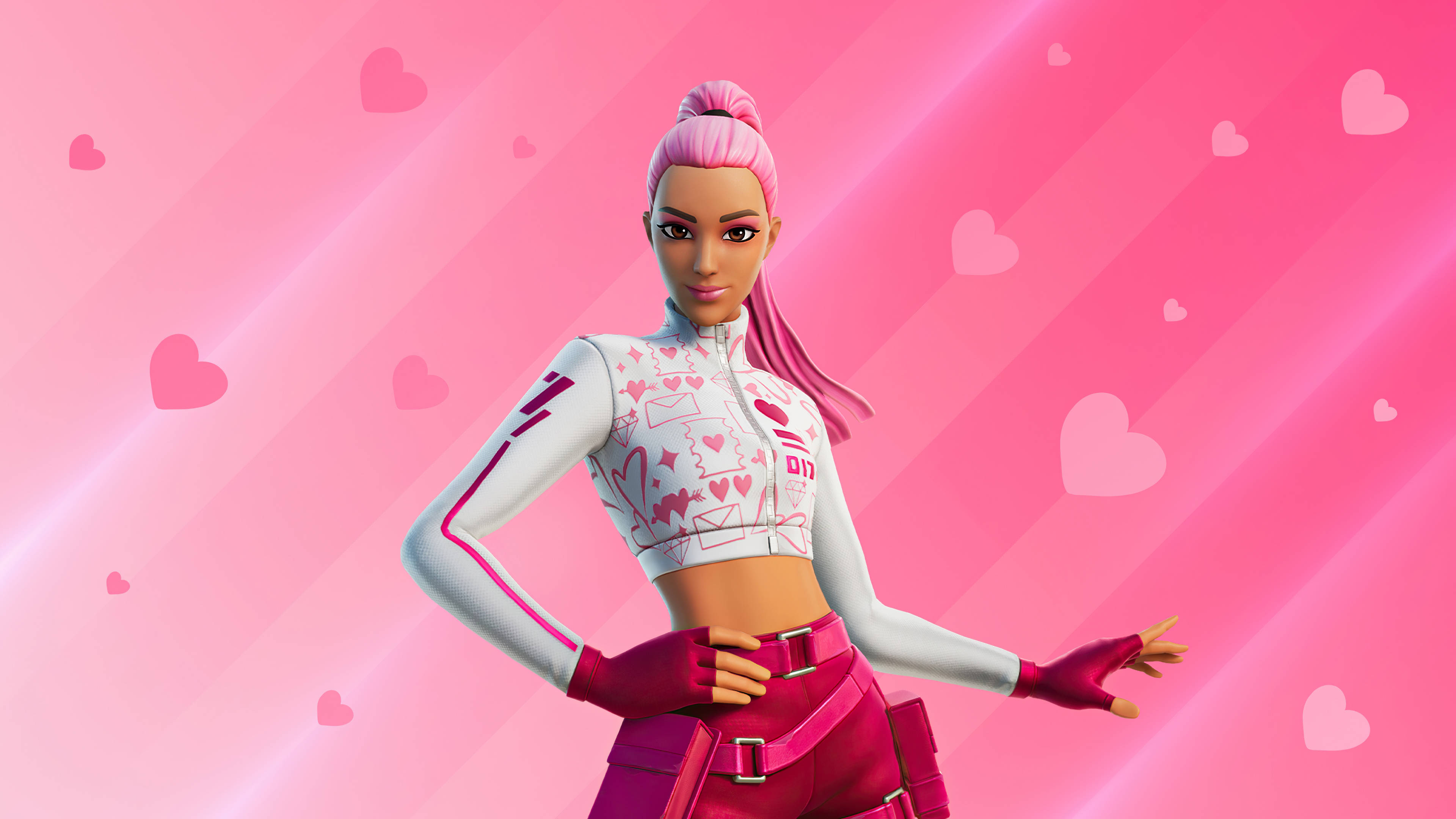 Fortnite iPad 桌布 壁紙 — 一個風格化的女性角色，擁有粉紅色頭髮和心形主題服裝，在充滿漂浮心形的耀眼粉紅色背景前自信地擺姿勢。
