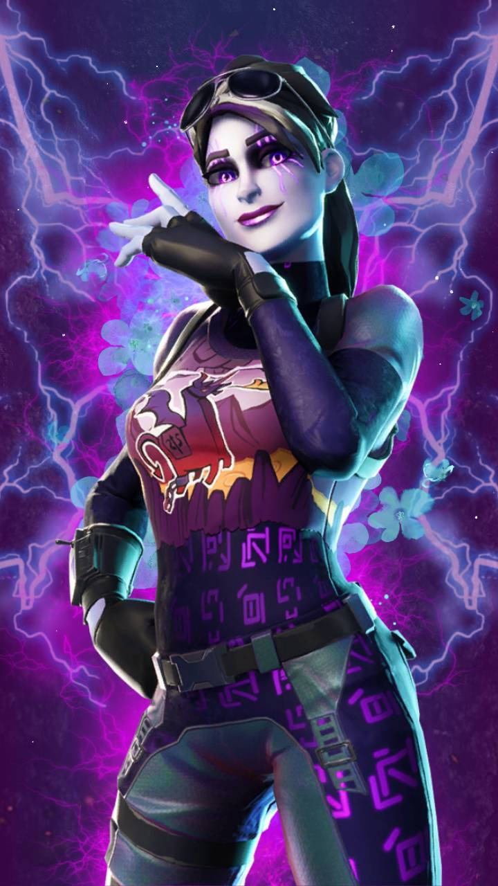 Cool Fortnite 桌布 壁紙 — 一個風格化的女性角色，擁有紫色眼睛和護目鏡，在充滿紫色閃電的鮮豔背景前自信地擺姿勢。