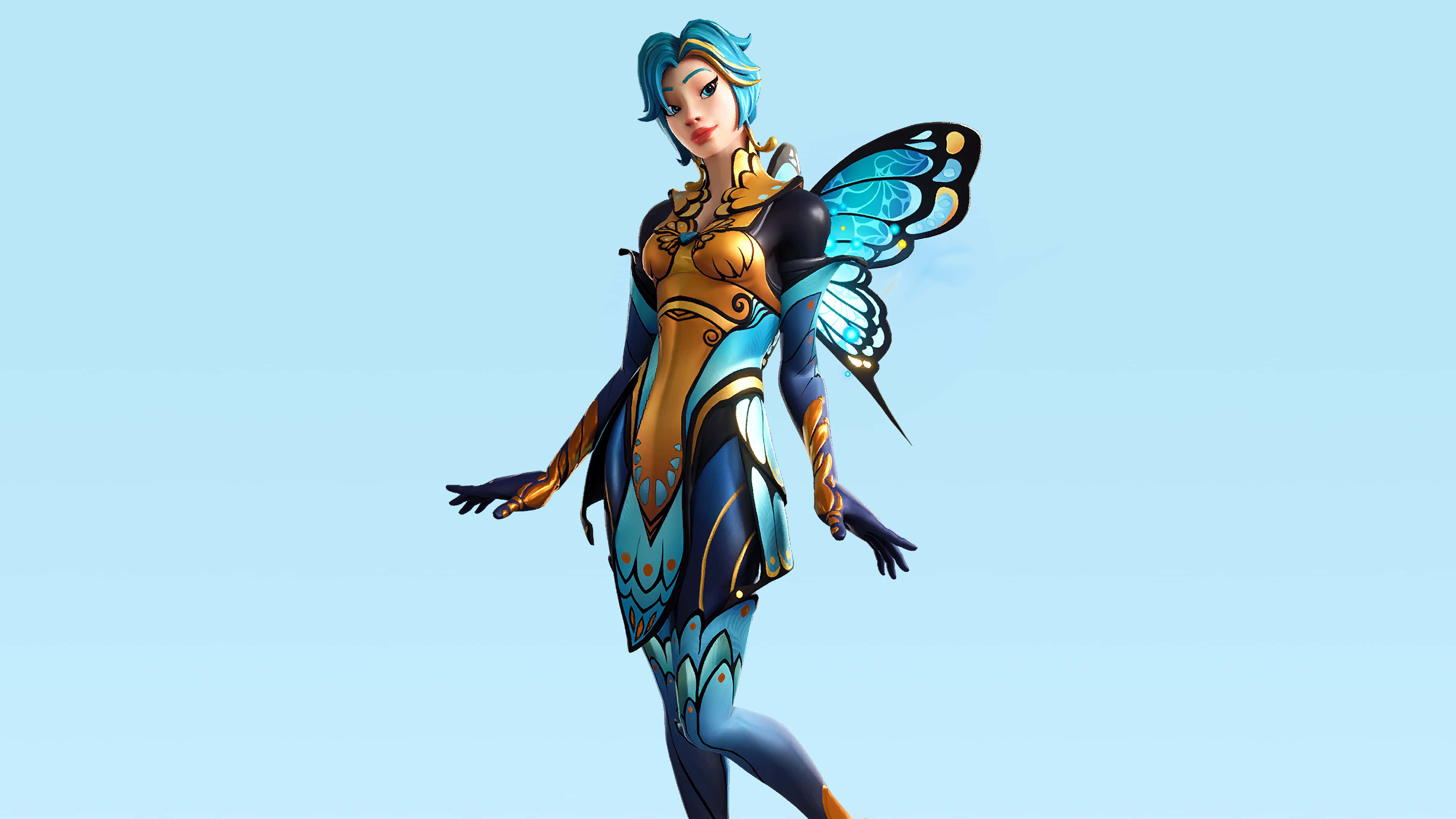 Fortnite Manic Skin 桌布 壁紙 — 一個風格化的女性角色，擁有藍色頭髮和蝴蝶翅膀，穿著華麗的藍色和金色盔甲，背景是純淺藍色。