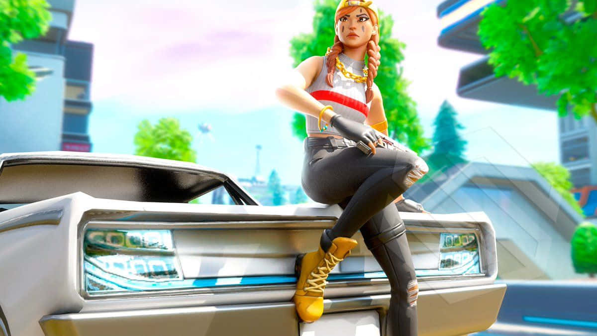 Fortnite 桌布 壁紙 — 一個風格化的女性角色，梳著辮子，自信地坐在一輛未來主義汽車上，身處明亮的城市環境中。