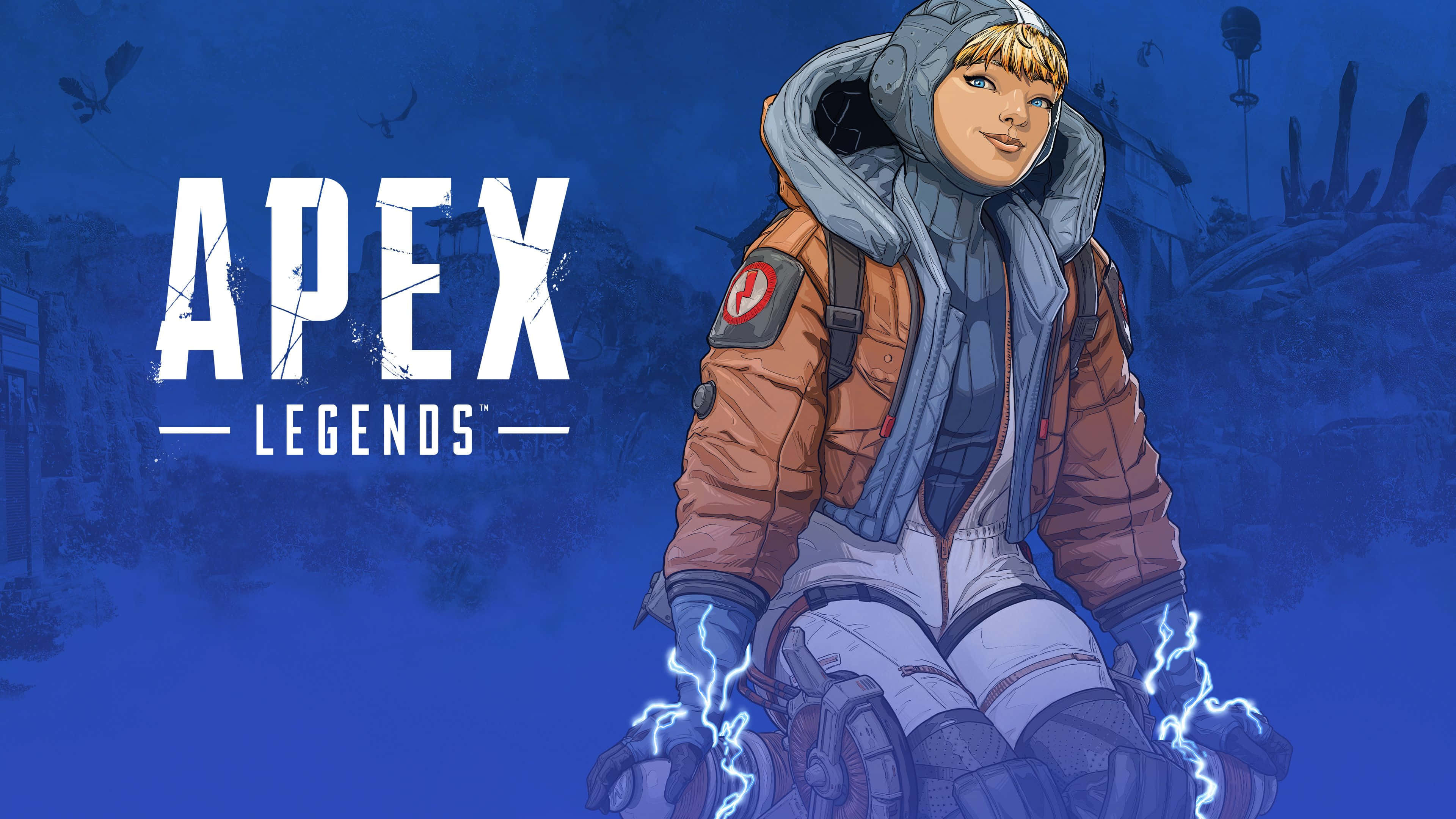 Apex 桌布 壁紙 — 一個風格化的女性角色，穿著未來感的橙色和灰色套裝，手上帶有發光的藍色閃電效果，背景為深藍色，並有Apex Legends標誌。
