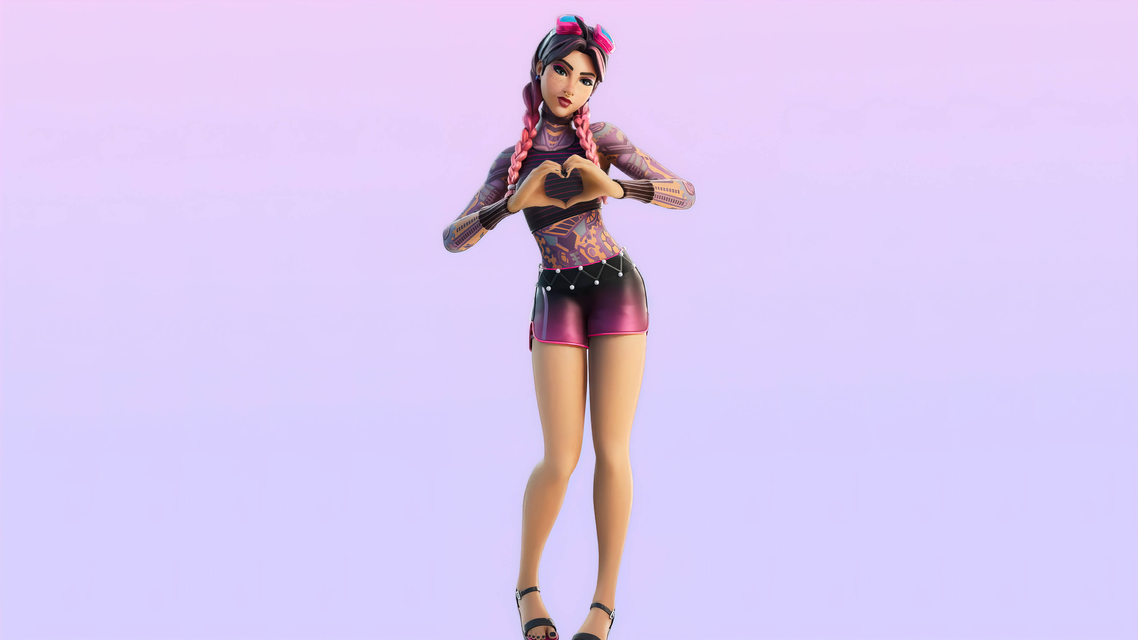 Fortnite 造型 桌布 壁紙 — 一個風格化的女性角色，粉紅色辮子，在柔和的薰衣草漸變背景前用手形成心形。