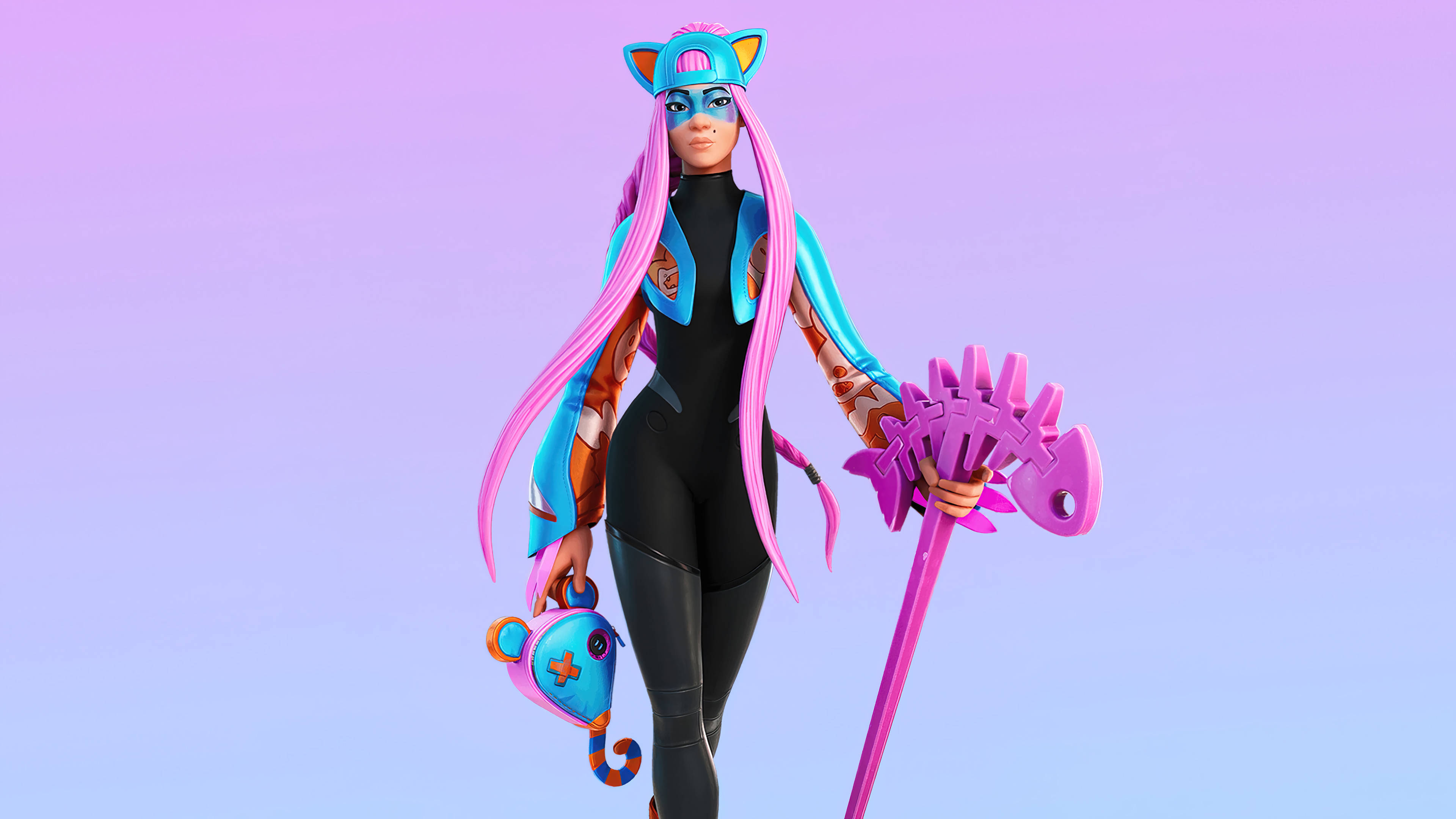 Fortnite 造型 桌布 壁紙 — 一個風格化的女性角色，粉紅色頭髮和貓耳朵，拿著粉紅色武器和小袋子，背景是紫色和藍色的漸變。