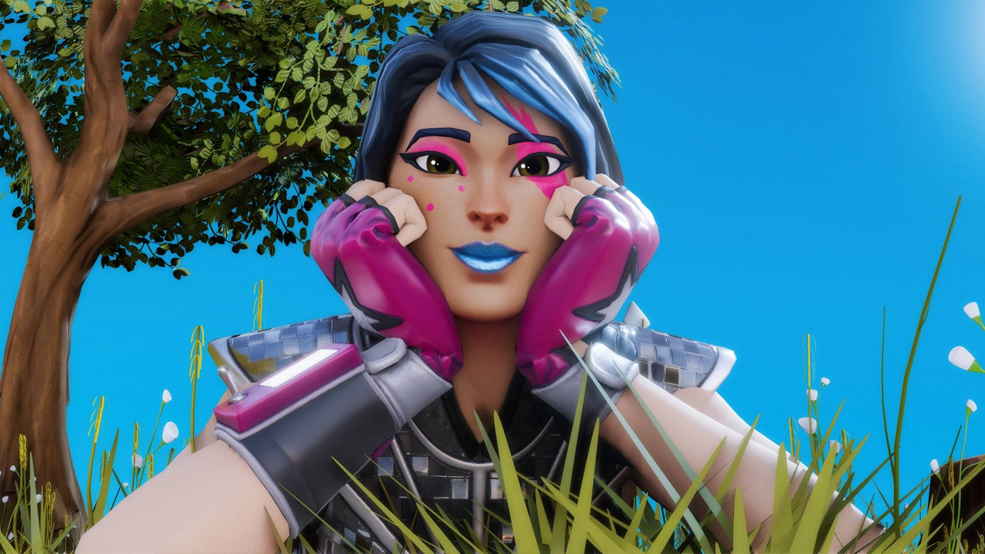 Fortnite HD 桌布 壁紙 — 一個風格化的女性角色，藍色頭髮和粉紅色手套，在明亮的藍天下靠近一棵樹，從高高的草叢中窺視。