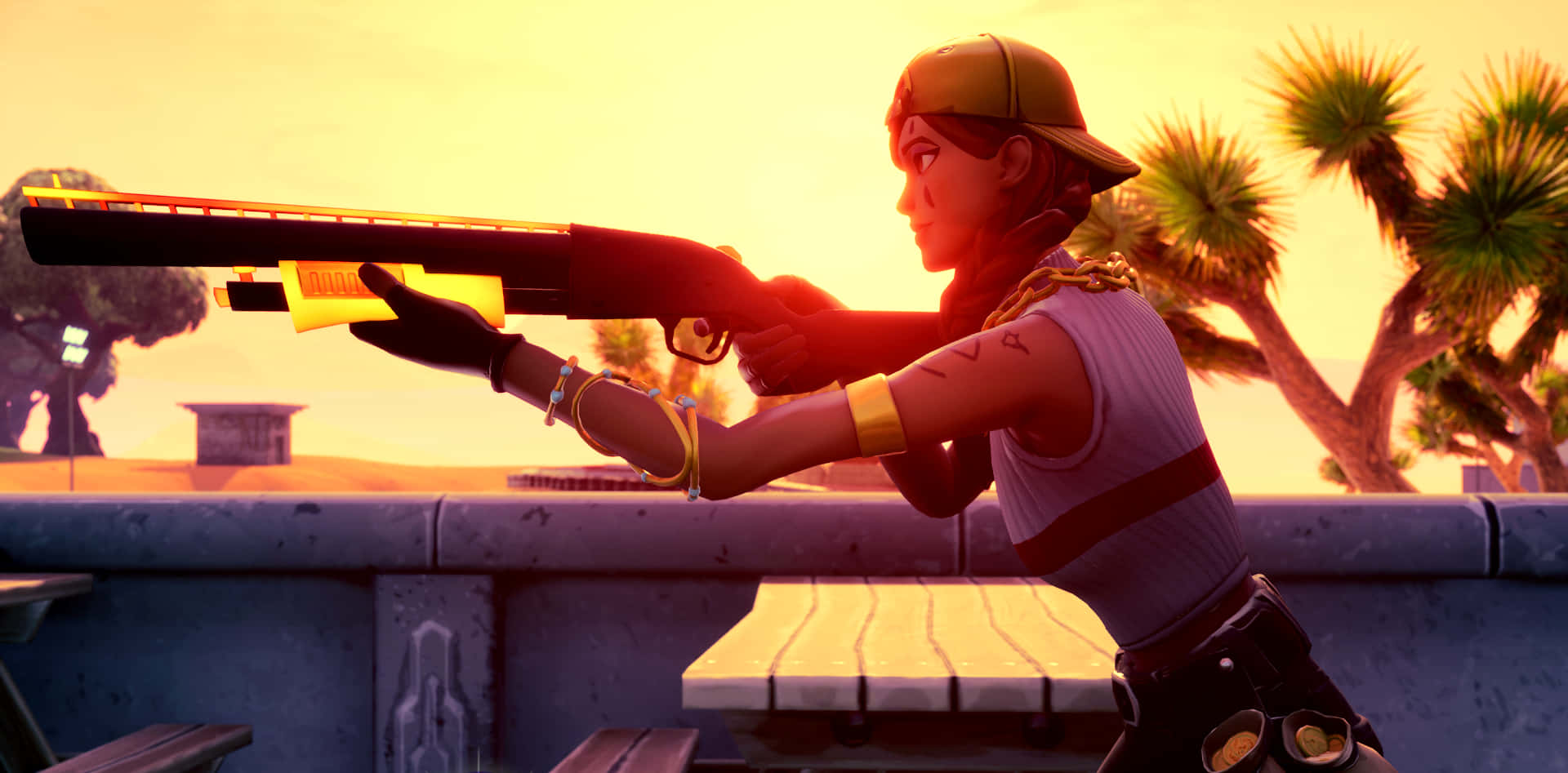 Fortnite 桌布 壁紙 — 一個風格化的女性角色在日落時分於屋頂上瞄準霰彈槍，背景有棕櫚樹。