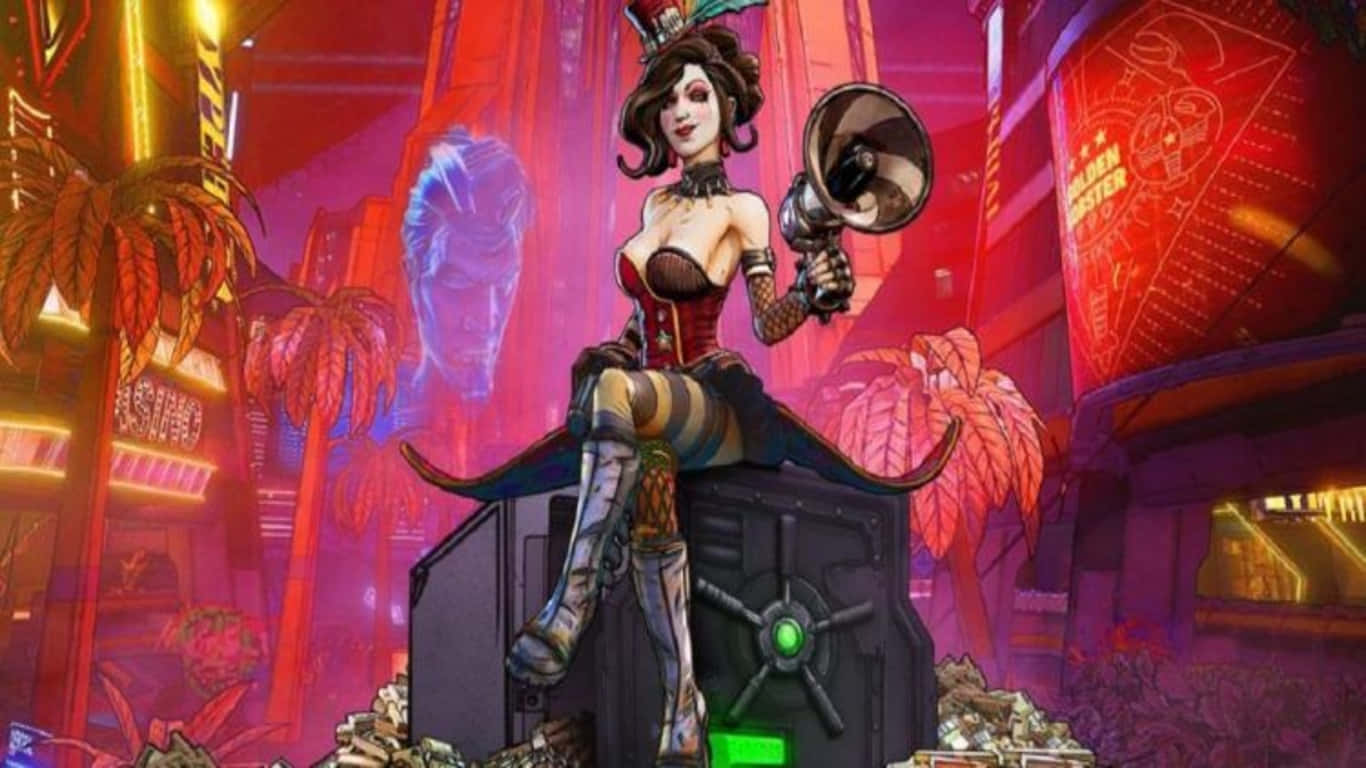 1366x768 Borderlands 3 桌布 壁紙 — 一個風格化的女性角色拿著擴音器坐在一個保險庫上，身處霓虹閃爍的賽博龐克城市景觀中。