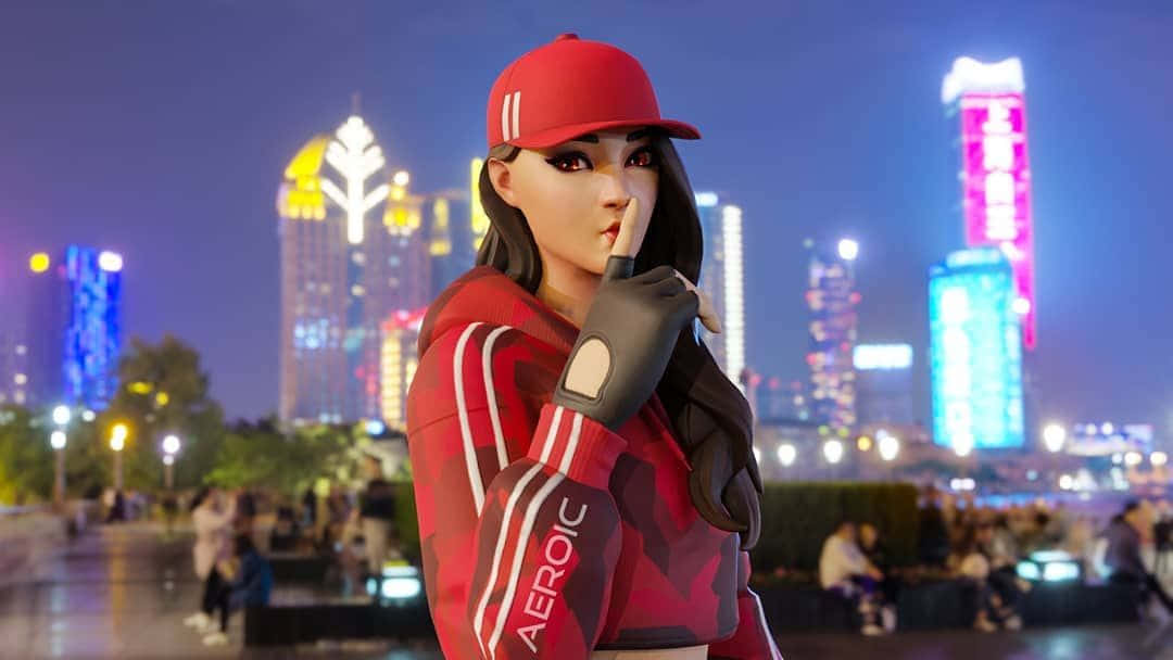Ruby Fortnite Skin 桌布 壁紙 — 一個風格化的女性角色穿著紅色運動服，在充滿活力的霓虹燈城市天際線背景下，將手指放在嘴唇上。