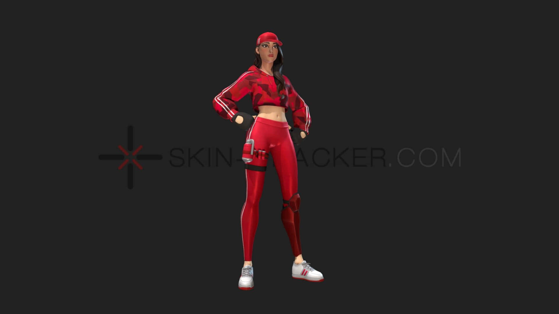 Ruby Fortnite Skin 桌布 壁紙 — 一個風格化的女性角色穿著紅色運動服，自信地站在深色背景前。