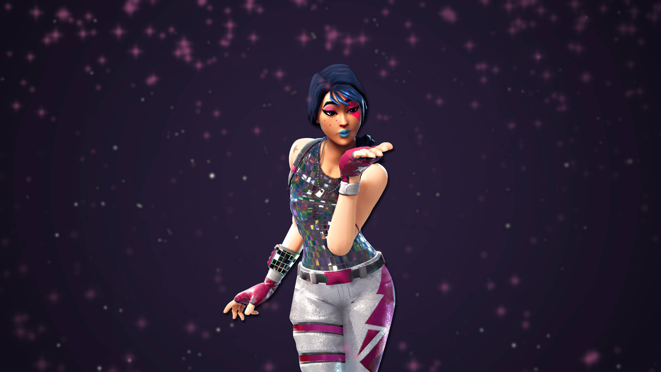 Sparkle Specialist Fortnite 桌布 壁紙 — 一個風格化的女性角色穿著閃閃發光的粉紅色和銀色服裝，在閃爍的紫色星空背景下擺姿勢。