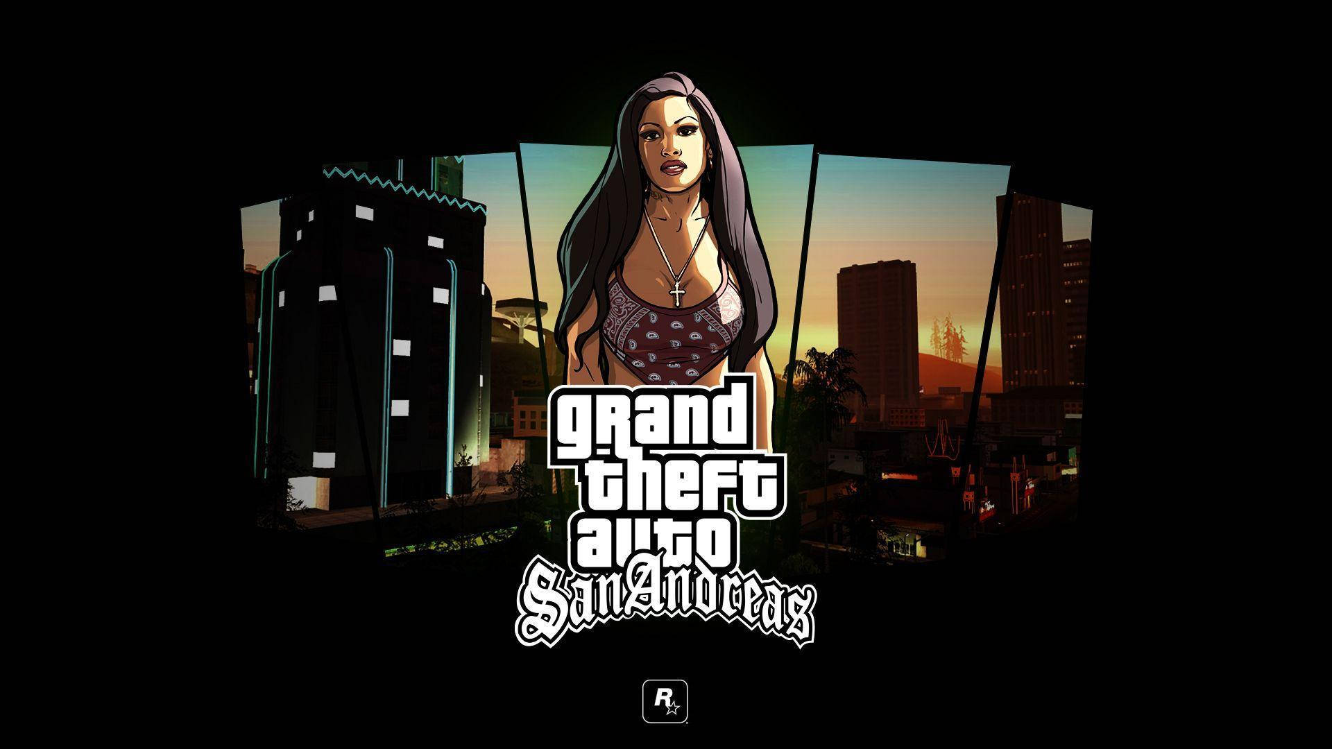 GTA 聖安地列斯 桌布 壁紙 — 一個風格化的女性角色站在日落時分的城市景觀前，Grand Theft Auto San Andreas 標誌顯眼地展示。