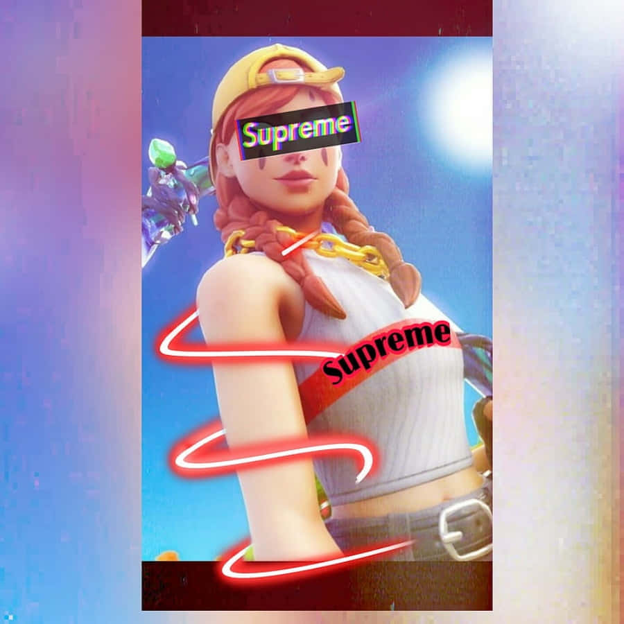 supreme 桌布 壁紙 — 一個風格化的女性遊戲角色，戴著黃色帽子，穿著白色上衣，在鮮豔的藍色背景上有發光的紅色霓虹漩渦和 'Supreme' 標誌。