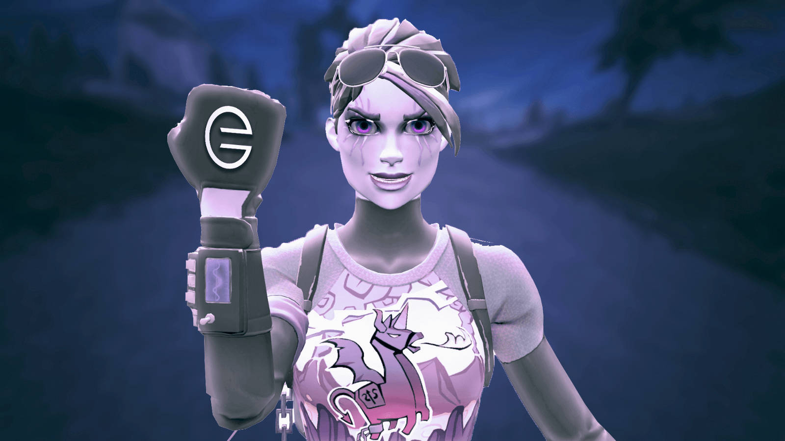 Fortnite 縮圖 桌布 壁紙 — 一個風格化的女性遊戲角色，擁有紫色眼睛和太陽眼鏡，在深藍色夜間背景下舉起拳頭，拳頭上有一個發光的「E」標誌。
