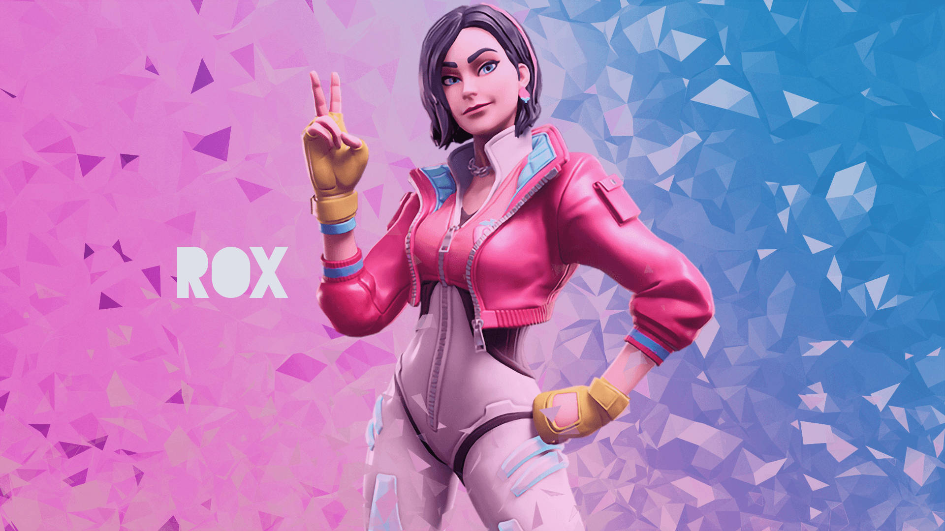 Fortnite Girl 桌布 壁紙 — 一個風格化的女性遊戲角色，穿著粉紅色和黃色的裝備，在粉紅色和藍色的幾何背景前自信地擺姿勢。