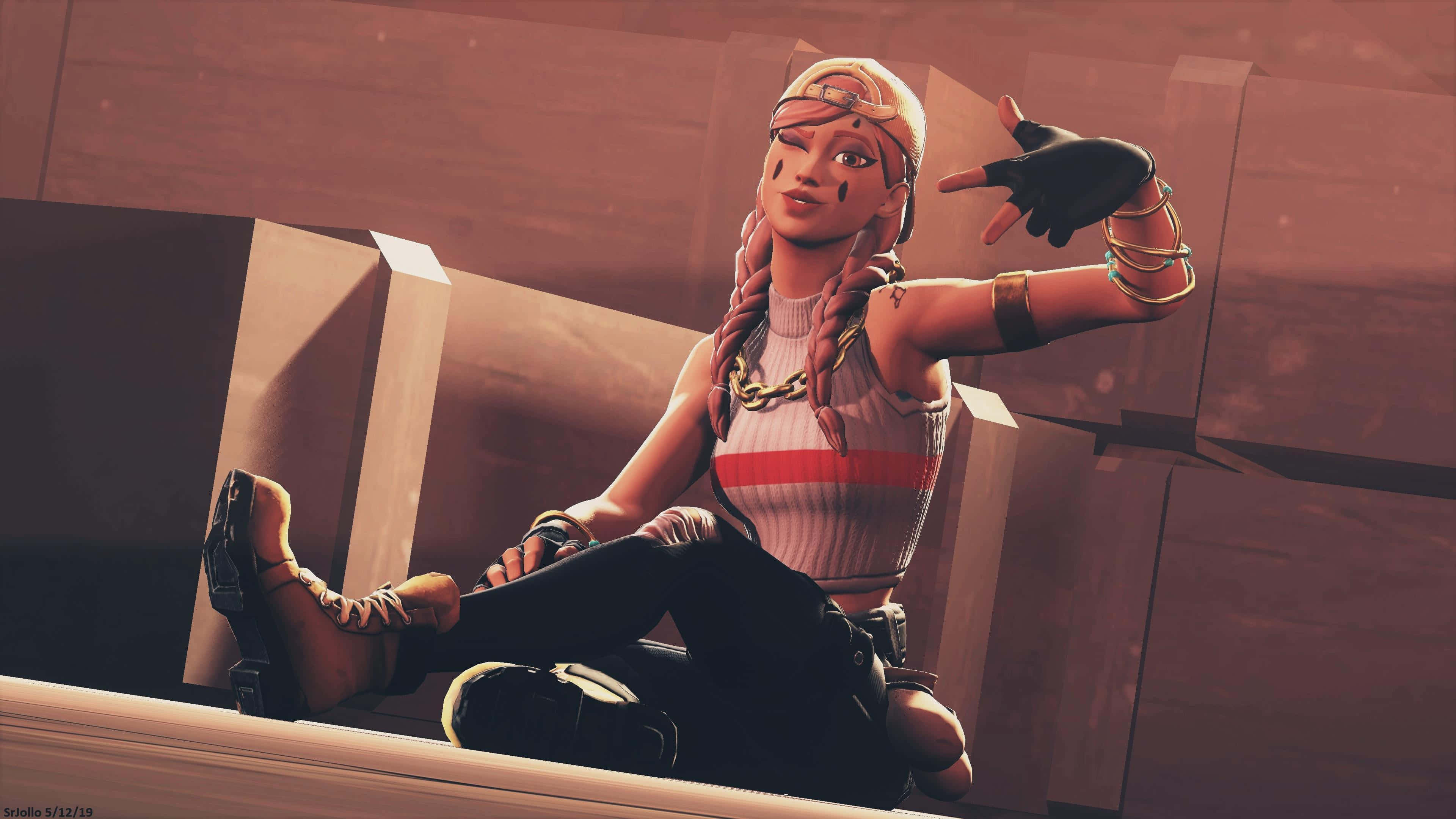 Fortnite 桌布 壁紙 — 一個風格化的女性遊戲角色，身穿紅白上衣，自信地坐在壁架上，做出手勢。