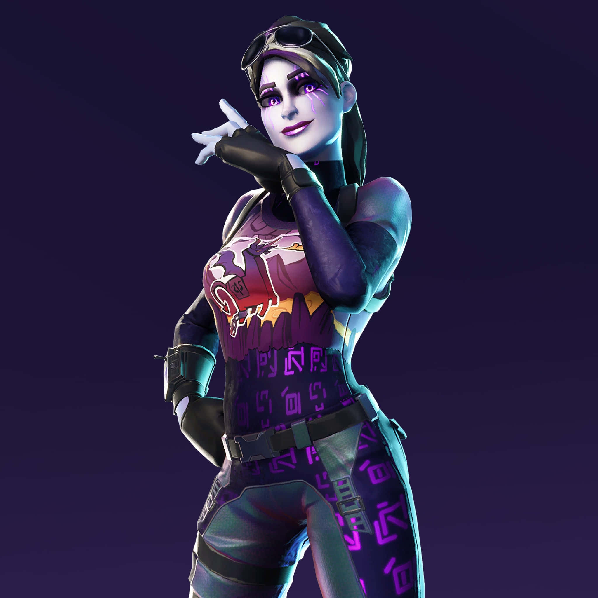 Fortnite 桌布 壁紙 — 一個風格化的女性電子遊戲角色，穿著紫色和藍綠色的服裝，在深色漸變背景前自信地擺姿勢。