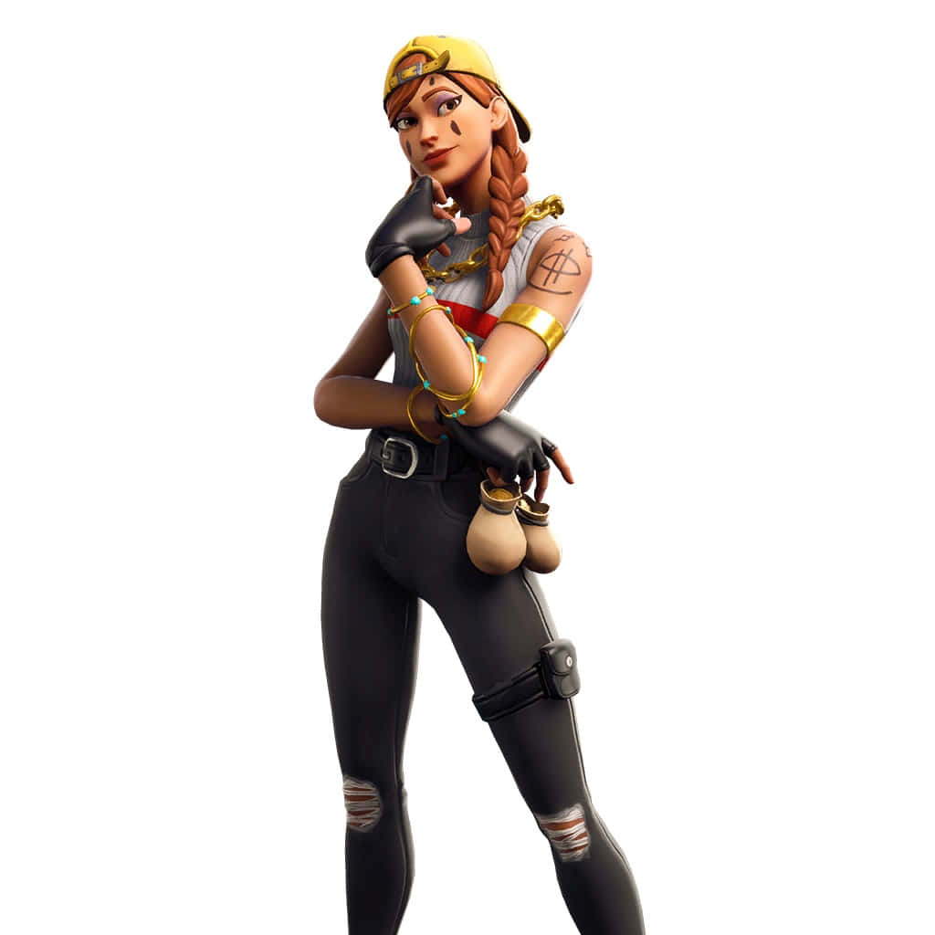 Fortnite 桌布 壁紙 — 一個風格化的女性電子遊戲角色，編著辮子，佩戴金色飾品，在純白背景前自信地擺姿勢。