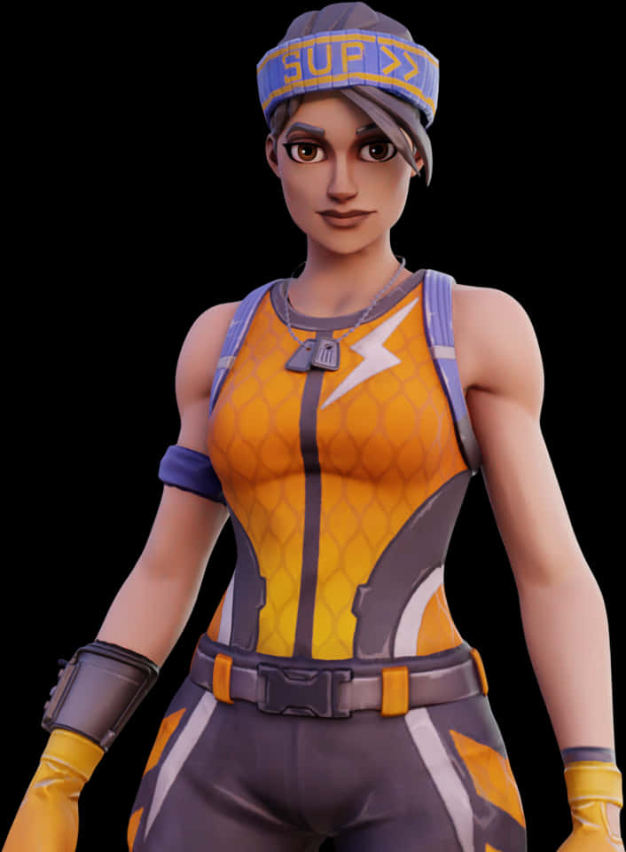 Fortnite Character 桌布 壁紙 — 一個風格化的女性電子遊戲角色，身穿黃色和灰色的未來主義服裝，戴著「SUP」頭帶，自信地站在黑色背景前。