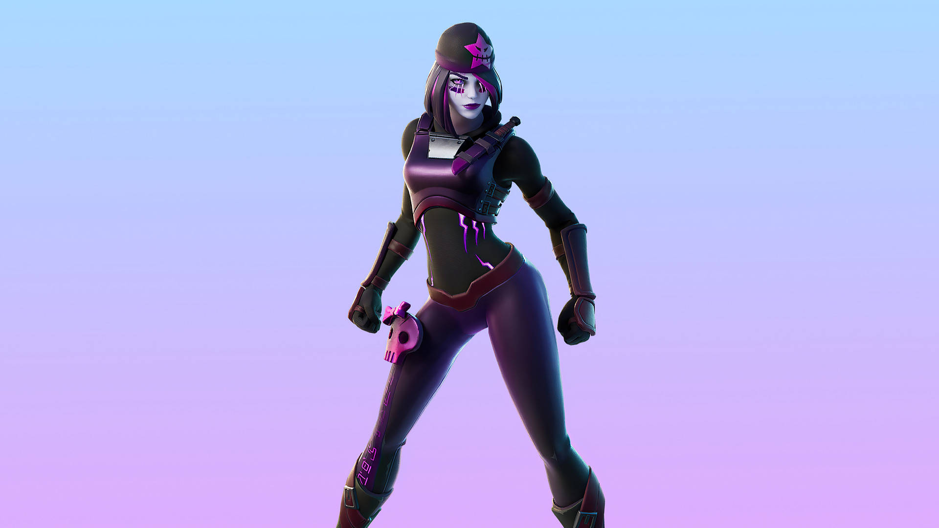Fortnite Girl 桌布 壁紙 — 一個風格化的女性電子遊戲角色，身穿紫色和黑色盔甲，自信地站在漸變天空前。