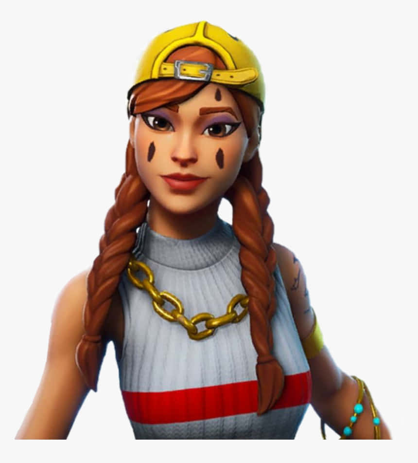 Fortnite 桌布 壁紙 — 一個風格化的女性電子遊戲角色，辮子頭髮、臉部彩繪和黃色帽子，背景簡單。