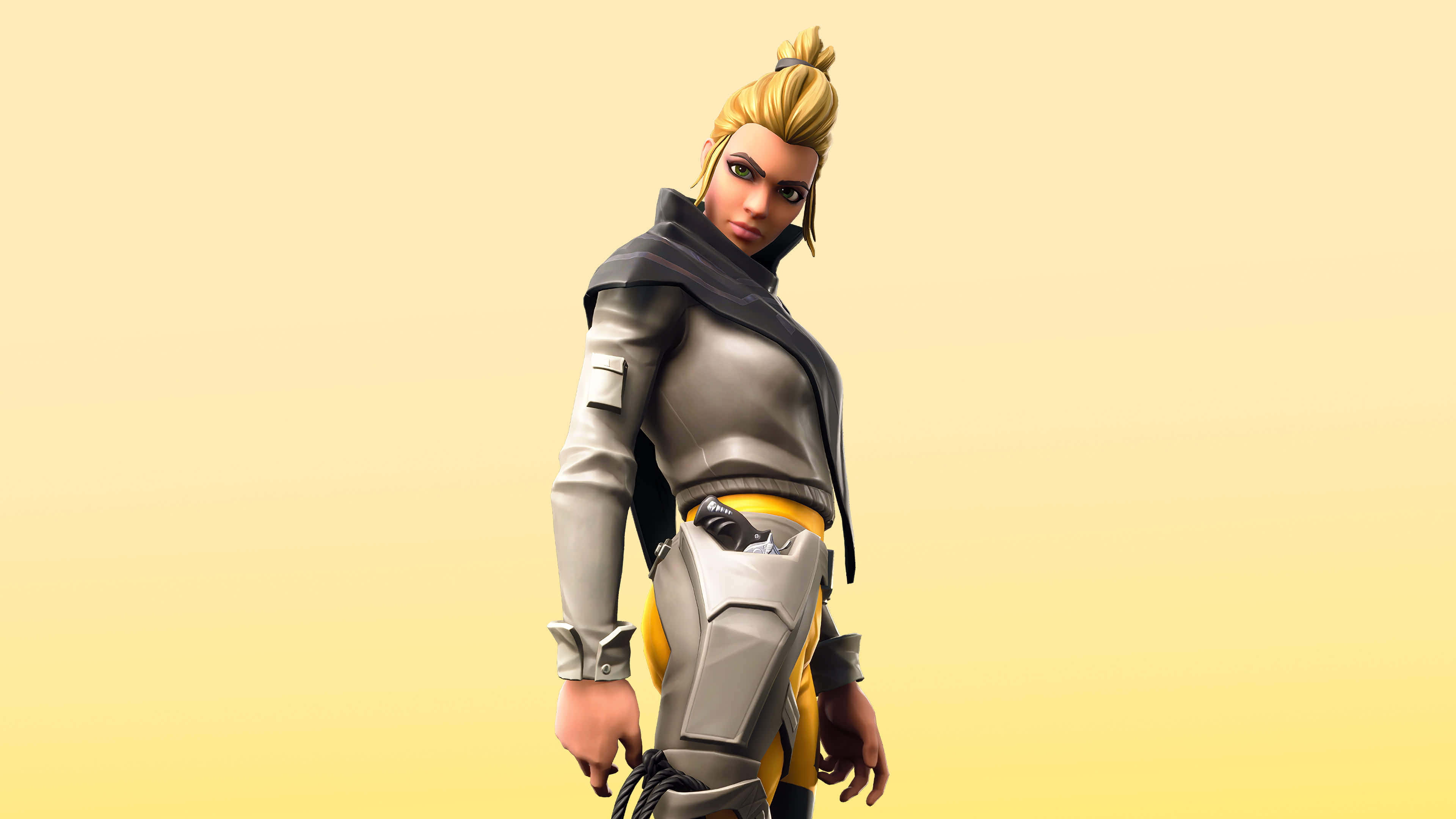 Fortnite Kuno 桌布 壁紙 — 一個風格化的女性電子遊戲角色，金髮盤成髮髻，穿著銀色和黃色的服裝，自信地站在柔和的黃色漸變背景前。