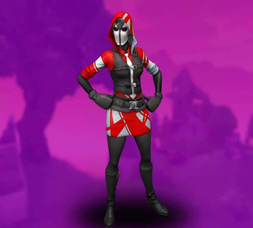 Fortnite Skins Battle Royale 桌布 壁紙 — 一個風格化的女性電玩角色，身穿紅、白、黑色裝備，自信地站在充滿活力的紫色背景前。