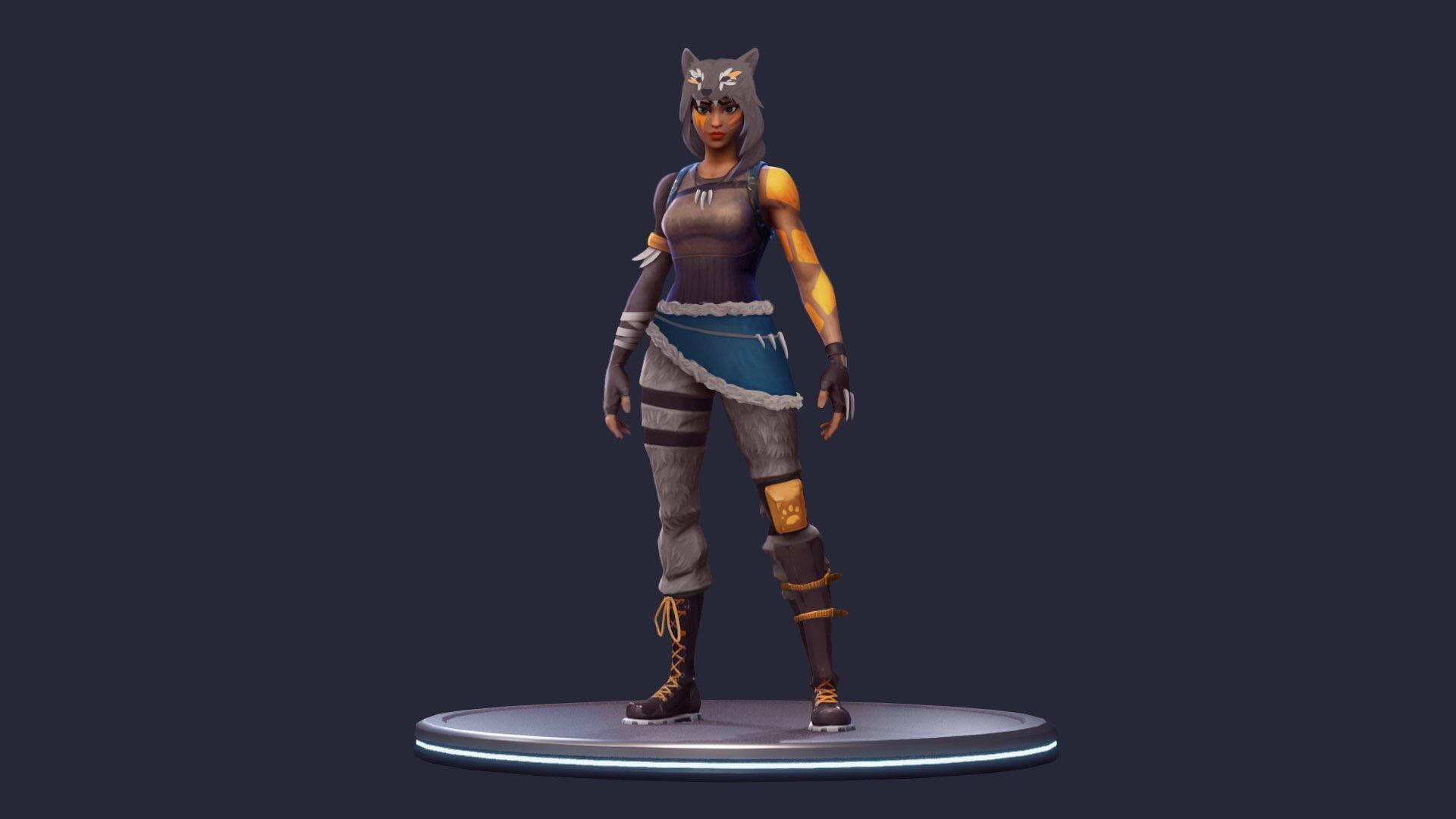 Fortnite 造型 桌布 壁紙 — 一個風格化的女戰士，擁有狼耳和部落標記，站在發光的圓形平台上，背景為黑暗。