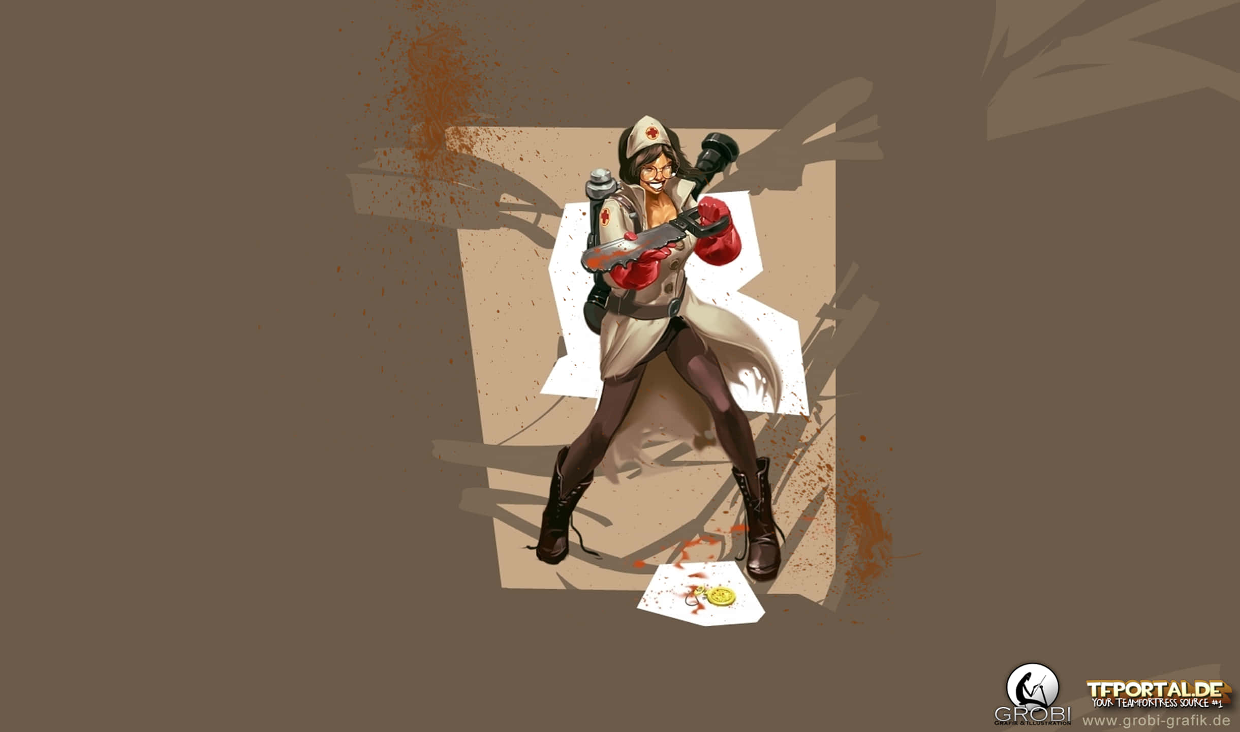 2440x1440 Team Fortress 2 桌布 壁紙 — 一個風格化的女戰士穿著護士服，戴著紅色手套和靴子，在帶有飛濺的棕色背景上揮舞武器。
