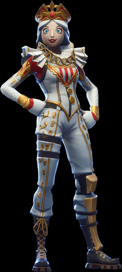 Fortnite Character 桌布 壁紙 — 一個風格化的女王角色，身穿白金色和紅色盔甲，頭戴王冠，自信地站在黑色背景前。
