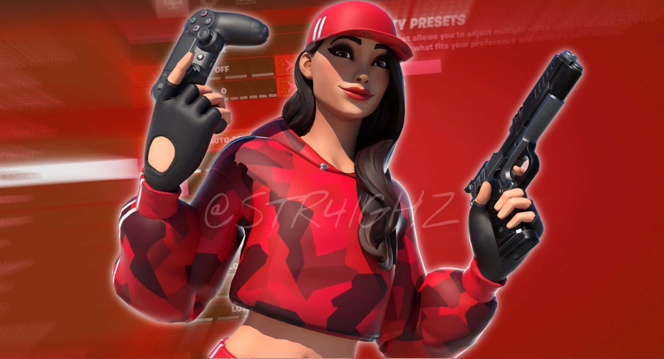 Ruby Fortnite Skin 桌布 壁紙 — 一個風格化的女玩家，穿著紅色迷彩連帽衫和帽子，在發光的紅色數位背景前拿著控制器和手槍。