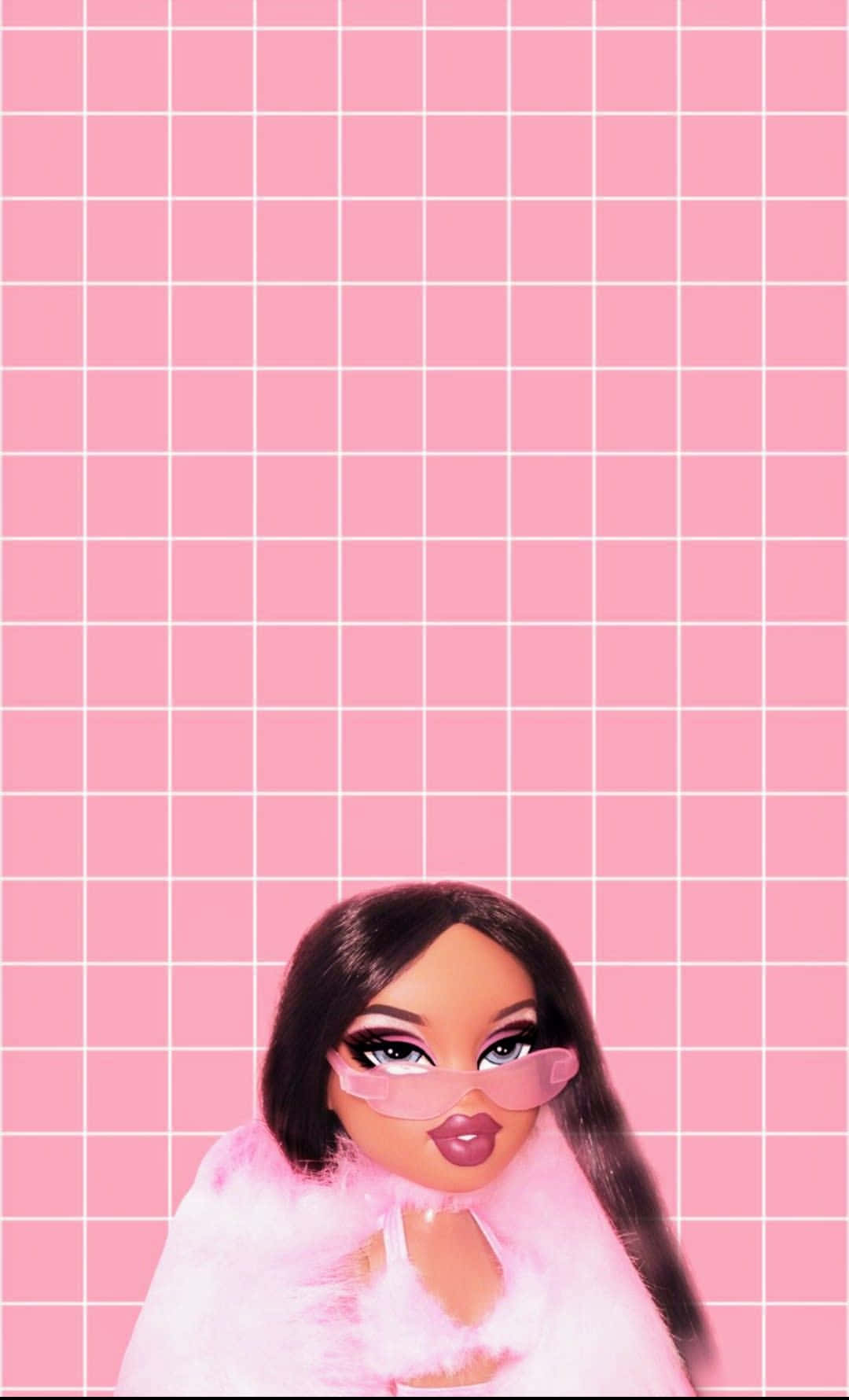 Bratz 桌布 壁紙 — 一個風格化的娃娃，戴著粉紅色眼鏡和毛茸茸的粉紅色領子，背景是粉紅色網格。