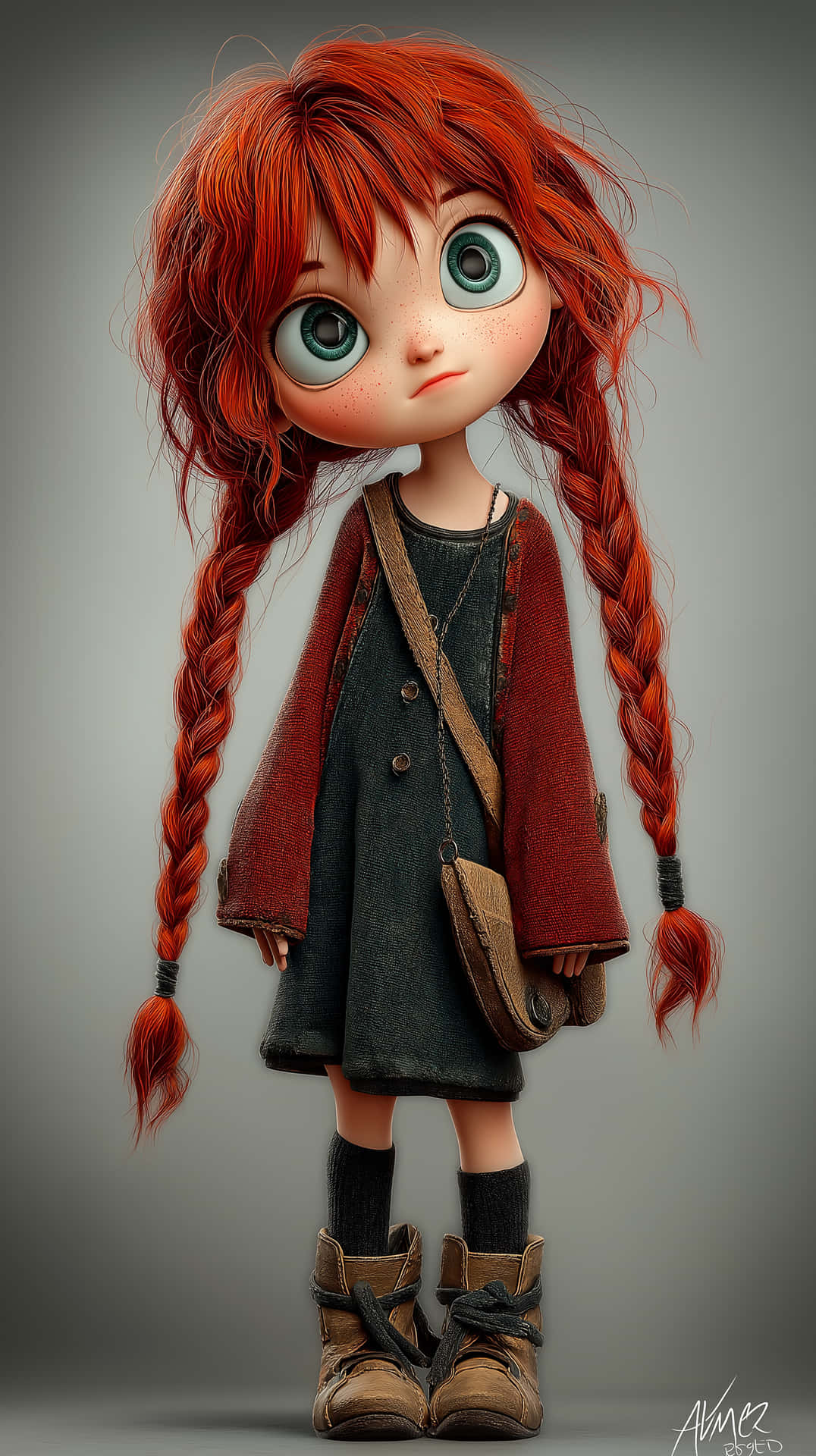 Adorable Cartoon Girl with Fiery Red Curly Hair and Big Eyes 壁紙 — 一個風格化的娃娃，擁有火紅色的辮子頭髮和大大的藍綠色眼睛，穿著分層服裝，搭配靴子和斜背包，背景為中性灰色。