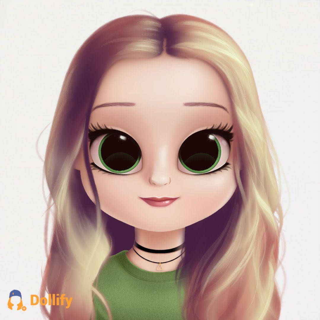 Dollify 桌布 壁紙 — 一個風格化的娃娃般女孩，擁有超大的綠色眼睛和金色頭髮，穿著綠色襯衫和黑色頸鍊，背景為純色。