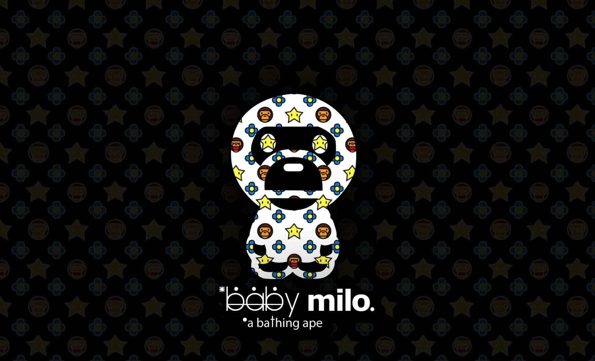 Bape 動態 桌布 壁紙 — 一個風格化的嬰兒猿猴標誌，在深色背景上帶有重複的花卉和星星圖案。